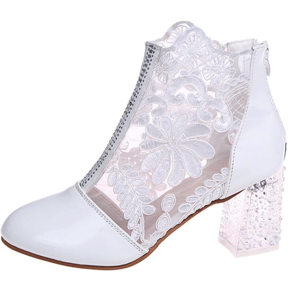 Elegant White Lace Heeled Boots